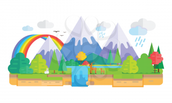 Wild Nature landscape vector. Flat style. Illustration with snow-capped peaks, animals, trees, waterfall, rainbow, clouds. Banner for environmental, ecological concepts and web page design.  