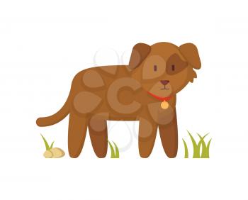 Brown dog with red collar standing on grass character in cartoon style. Faithful farm animal and pet flat vector illustration on white background.