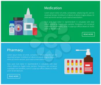 Medication and pharmacy posters set. Eye drops for people using contact lenses. Pills blister and inhaler bottle, small ampoules vector illustration