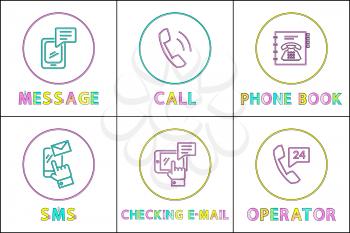 Message and phone book posters set. Checking email and sms, operator icon representing cell with 24 hours service image, calls vector illustration