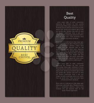Best quality premium product golden promo label. Shiny gold logo of highest warranty and vertical black banner with sample text vector illustration.