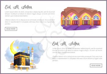 Eid Al Adha religious holiday web banners. Place to pray internal and external views. Muslim sacred architecture on online promo vector illustrations.