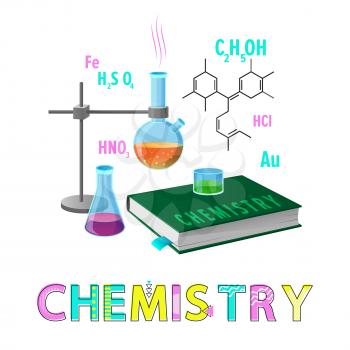 Chemistry items subject poster with headline. Glassware containing chemical substances liquids. Book about molecular studies vector illustration