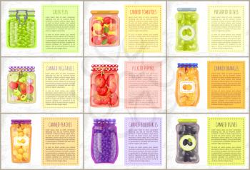 Tomatoes and peppers, green and black olives, peas vegetables preservation. Canned peaches, blueberries and oranges conservation bottles poster.