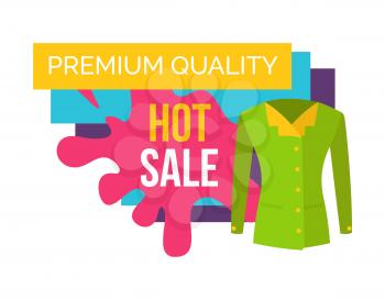 Hot sale on products of premium quality logotype. Big discount for stylish clothes emblem with jacket. Exclusive apparel low cost vector illustration