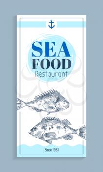 Bass or bream marine creature as seafood sketch style flat vector illustration . Nautical information poster with on white and blue spots with text .