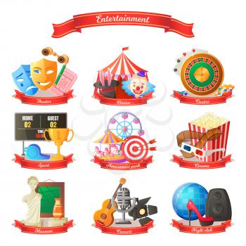 Entertainment circus and cinema amusement park museum concert and night club. Theater and casino icons with ribbons. Activities in city vector set