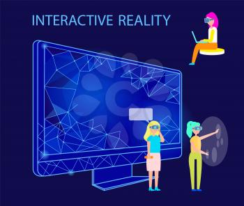 Interactive reality people using gadgets vector. Male and female wearing vr glasses entertaining in cyberspace. Mobile systems and computer monitor