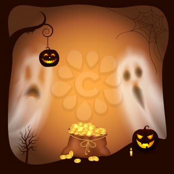 Happy Halloween pumpkin with light lantern vector. Apparitions and ghosts with scary faces jack on tree branch and bag filled with gold coins and cash