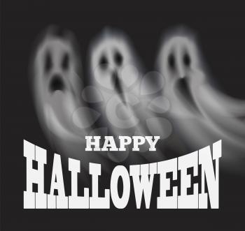 Happy Halloween poster with text and sad scary apparitions vector. Ghostly creatures haunting people at night castles and old homes. Horror and fear