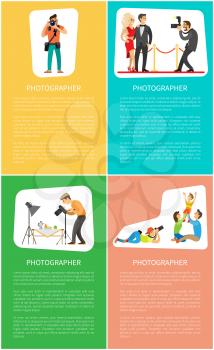 Photographer profession and genres promo banners. Photojournalist with camera, paparazzi shooting celebrities, family portrait vector illustrations.
