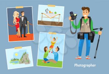 Photographer with camera or tripod and photographs. Celebrities on red carpet, family on lawn, still life picture and landscape vector illustrations.