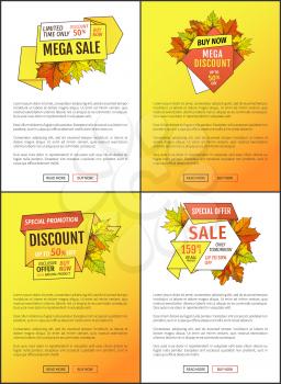 Leaflets set limited time super offer on autumnal sale. Promo autumn or fall discount half price advertising web posters foliage orange leaves vector