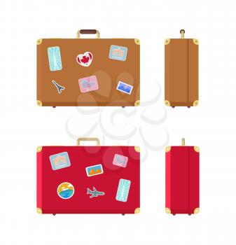 Luggage valises for traveling icons set vector. Stickers on baggage, airplane and Egypt landmarks, Rome and UAE highest building skyscraper in world