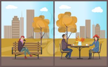 Cafe with table and customers couple set vector. Woman female talking on mobile phone and sitting on wooden bench. Vase with decorative leaves foliage