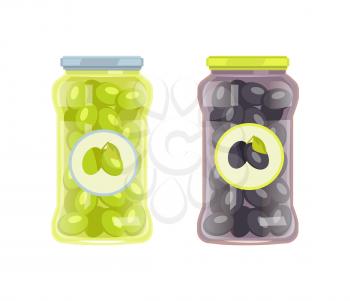 Black and green olives preserved food in glass jar vector icon isolated. Conserved veggies, traditional mediterranean cuisine pickled marinated snack
