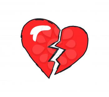 Broken heart red icon closeup. End to relationship or marriage. Break up and separation split of couple, cracked love isolated on vector illustration