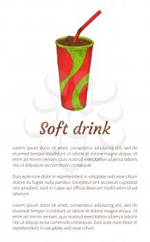 Soft drink isolated on white vector illustration, cold liquid with ice in colorful cardboard cup with red and green print, chill beverage, text sample