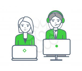 Support non stop poster with smart businessman woman by laptop icons isolated. Professionals and experts receive calls all day long, staff at computers