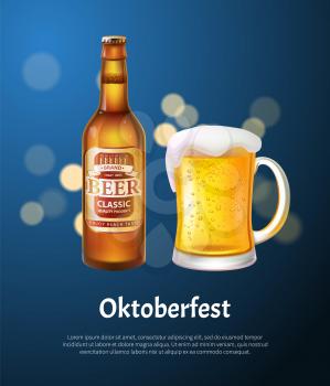 Oktoberfest poster with beer in bottle and mug. Craft alcohol drink festival, beverage made of hop, barley or yeast realistic vector illustration.