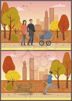 Couple in love with pram, family mother and father walking together in autumn park set vector. Boy running and walking dog on leash, pet canine breed