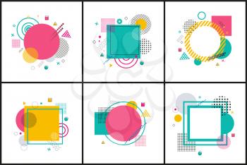 Collection of abstract posters with stickers of geometric forms, such as circles and squares, set on vector illustration isolated on white