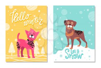 Hello winter and let it snow posters. Chinese crested dog surrounded with spruces and rottweiler that stands on snoedrift vector illustrations.