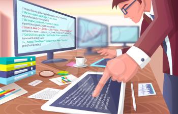 Developer with screens, poster representing programmer working hard in office, several computers, cup of coffee and papers on vector illustration