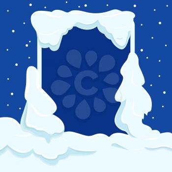 Snowy square frame with copyspace in middle vector template. Deep snowdrifts and snowfall illustration for winter holidays celebrating concepts and greeting cards design