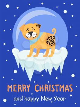 Merry Christmas and Happy New Year 2018 symbol beige spotted dog on snowy background. Vector illustration with cute smiling pet in colorful collar