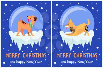 Merry Christmas and Happy New Year 2018 symbol happy dogs on dark snowy background. Vector illustration with cute smiling pets having fun