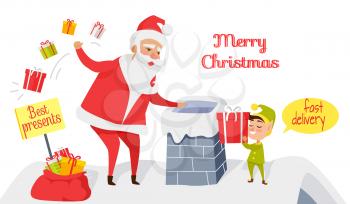 Santa Christmas and fast delivery of best presents. Santa Claus throwing presents in chimney. Cartoon Santa and dwarf standing on roof of house, gnome gives gift box. Holiday vector isolated on white