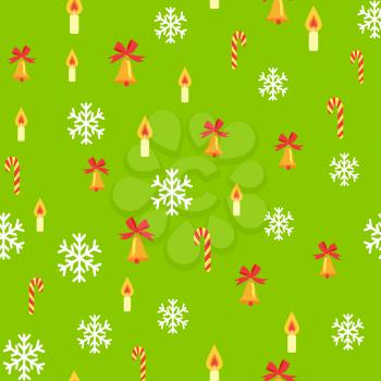 Seamless pattern with jingle bells with red bow, white snowflakes, striped candies and candles with fire. Endless texture with Christmas decorative elements vector illustration