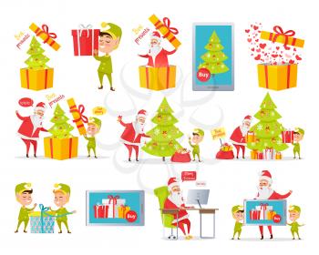 Merry Christmas best presents. Collection of cartoon xmas pictures with Santa Claus and gnome packing presents, reading online letters, buying gifts, decorating fir. Vector greeting New Year poster.