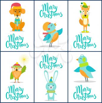 Merry Christmas set of bright festive postcards with friendly animals on white background. Vector illustration with congratulations from wild birds and dog