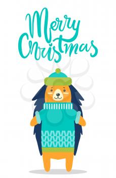 Merry Christmas greeting card with cute hedgehog in warm hat and knitted winter sweater with pattern isolated vector illustration on white background