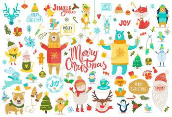 Merry Christmas, jingle bells, holly jolly, set of items dedicated to wintertime holidays, animals and icons, titles and stickers vector illustration