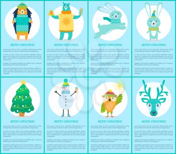 Merry Christmas set of posters with happy animals dressed in warm knitted clothes. Vector illustration with decorated xmas tree on light blue background