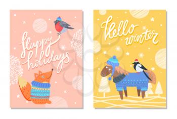 Happy holidays hello winter greeting cards with squirrel in warm sweater and bullfinch in knitted hat, cute donkey on background of snowflakes vector