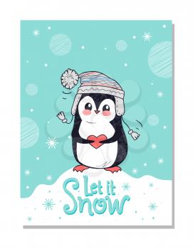 Let it snow greeting Christmas card penguin in warm hat on winter landscape background, cute polar bird in headwear with pompon vector illustration