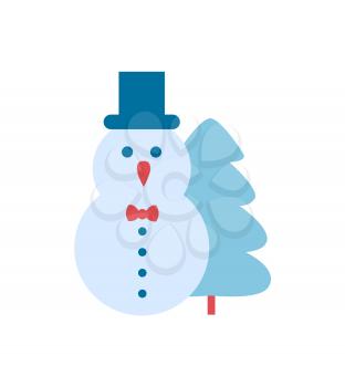 Snowman and Christmas tree icon isolated on white background. Vector illustration with winter symbol dressed in cylinder hat and light blue spruce