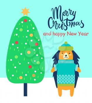 Merry Christmas and happy New Year festive card with congratulation from porcupine. Vector illustration with decorated xmas tree and friendly animal