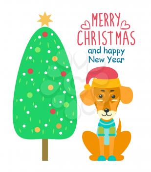Merry Christmas and happy New Year festive banner with congratulation from friendly dog in red hat. Vector illustration with decorated tree and pet