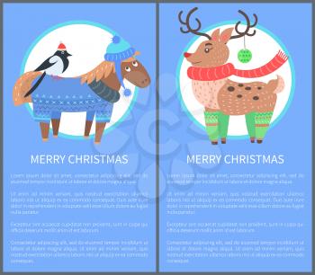 Merry Christmas postcard with horse wearing sweater and hat and bullfinch sitting on its back and deer rudolf, vector illustration isolated on blue