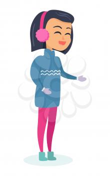 Isolated girl with black hair in warm blue sweater, light mittens, greenish winter shoes and pink trousers on white. Vector illustration of smiling female person spends winter holidays outside.