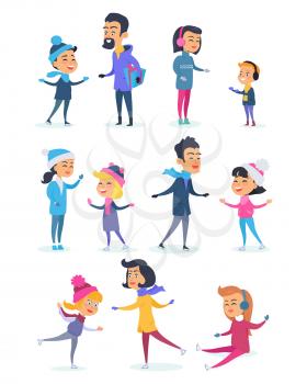 Poster of people of different ages skating or sitting on frozen surface. Vector illustration with people in warm and colourful winter clothes in various positions on icerink. Winter holidays in town.