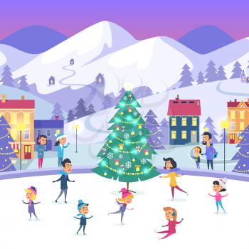 People of different ages skating on frozen surface. Vector illustration with people in warm winter clothes in various positions on urban icerink with decorated xmas tree. Winter holidays in town.