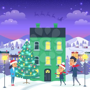 Happy family and fir tree on night city background. Vector illustration of emblem of flying gray Santa in sleigh harnessed by strong reindeers. Behind house white fir trees mountains and buildings