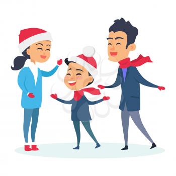Happy family in warm clothes on white. Vector illustration of family with child who wear Christmas red hats. Preparation to celebration of holidays. Worn in coats, woolen pants, scarf and gloves