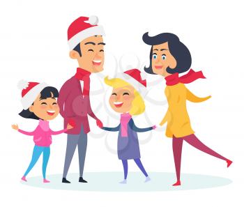 Happy family in warm clothes on white background. Vector illustration of big family with two girls who wear Christmas red hats. Preparation to celebration of New Year holidays in flat style design